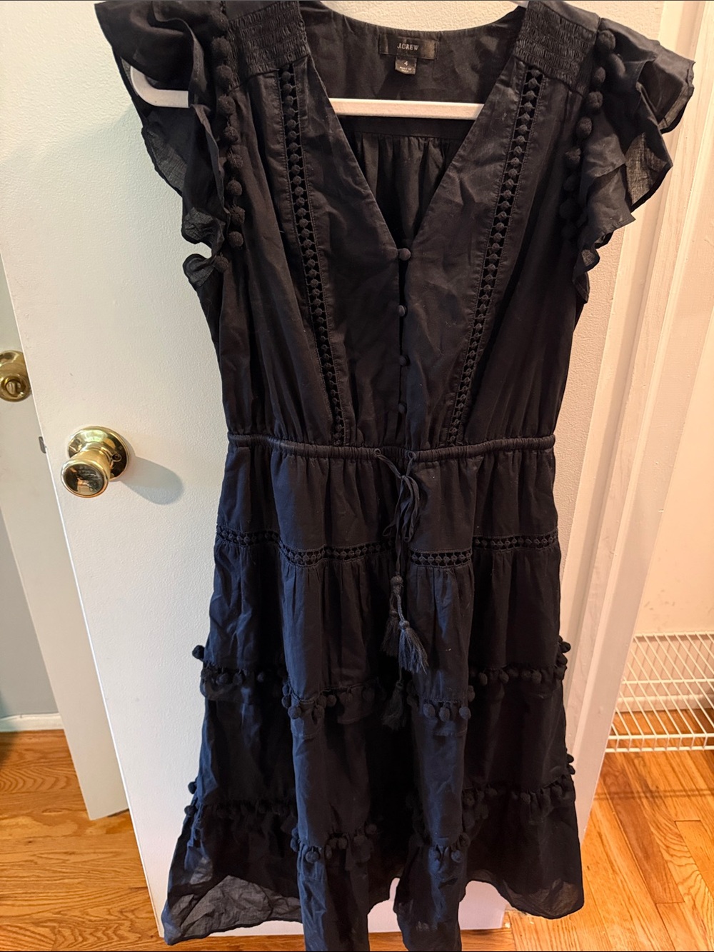 J. Crew Black Pom-Pom Tiered V-Neck midi Dress